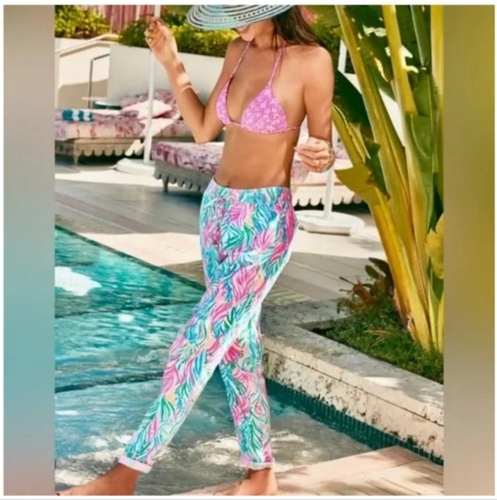 Lilly Pulitzer Sea Turtle Soiree TARON PANTS Lagoon 100% Linen Pull-On Large - Picture 2 of 10